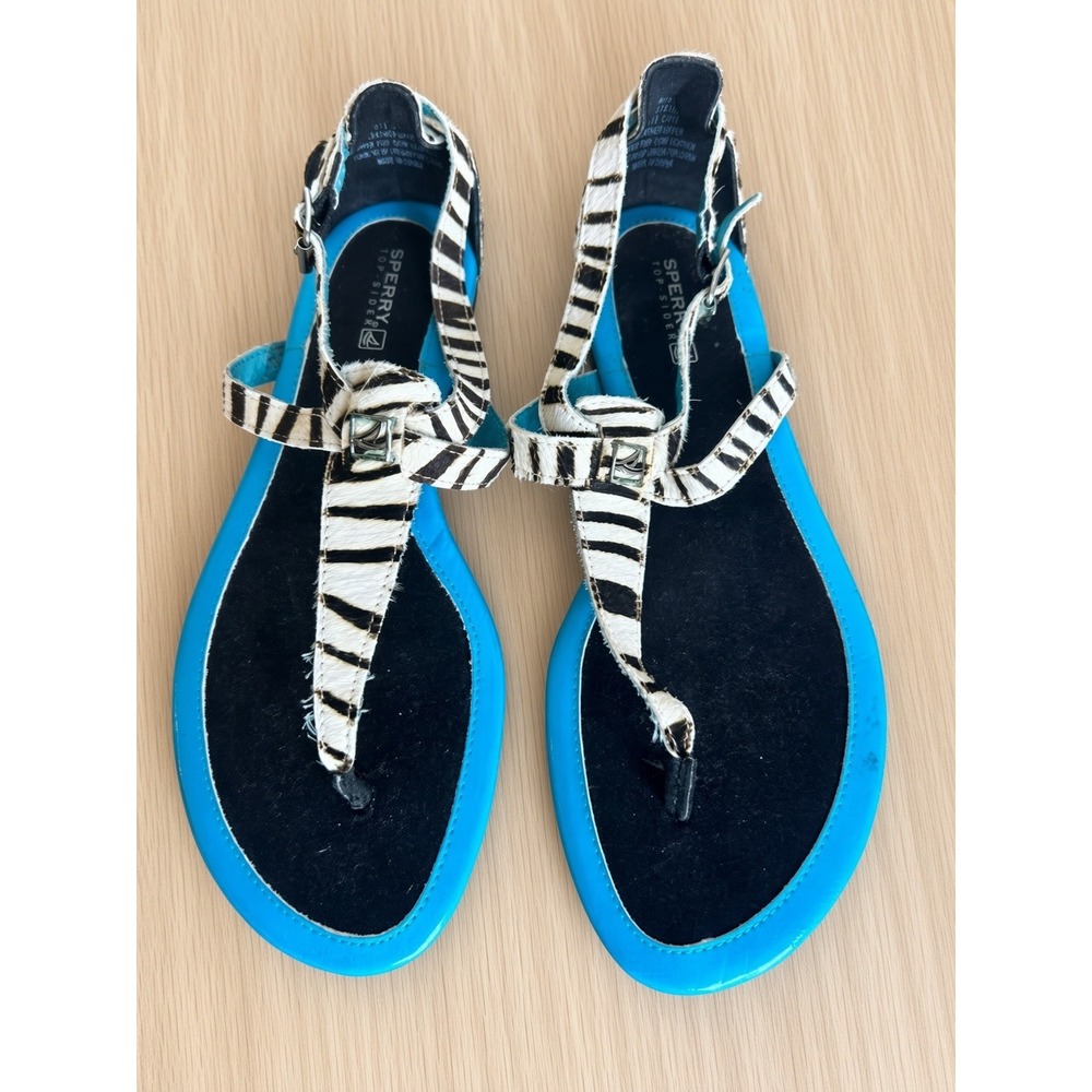 Sperry Top Sider Zebra Calf Hair Thong Sandals Womens 7 Turquoise Excellent